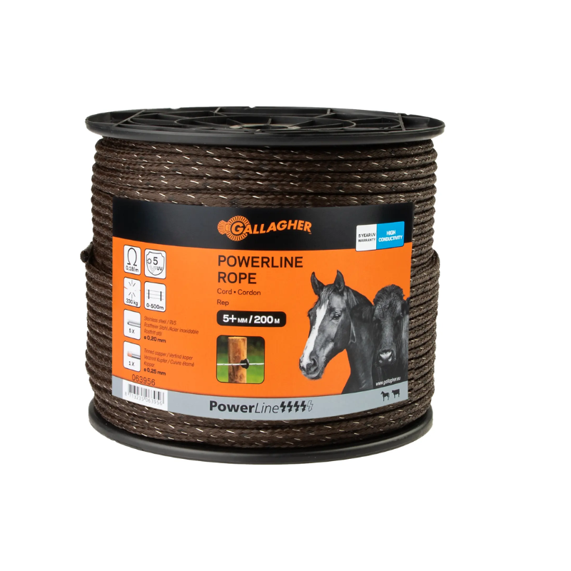Sterk en duurzaam Gallagher PowerLine Cord schrikdraad koord op een rol van 200 meter. De beste kwaliteit schrikdraad klaar om je afrastering veilig en betrouwbaar te maken.
