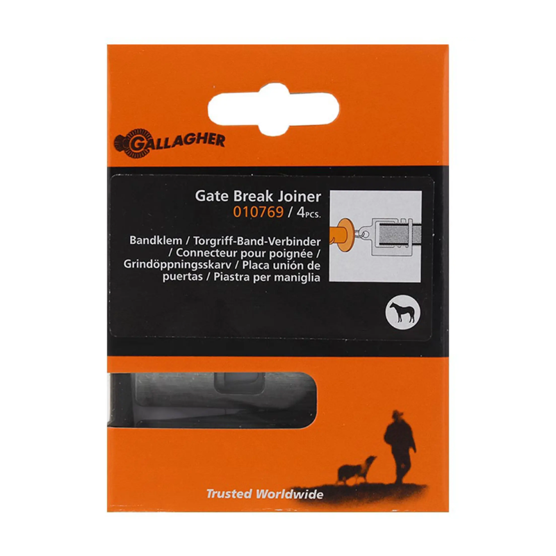 Bandklem voor bevestiging van poortgreep aan schrikdraadlint zonder te knopen en zonder stroom verlies