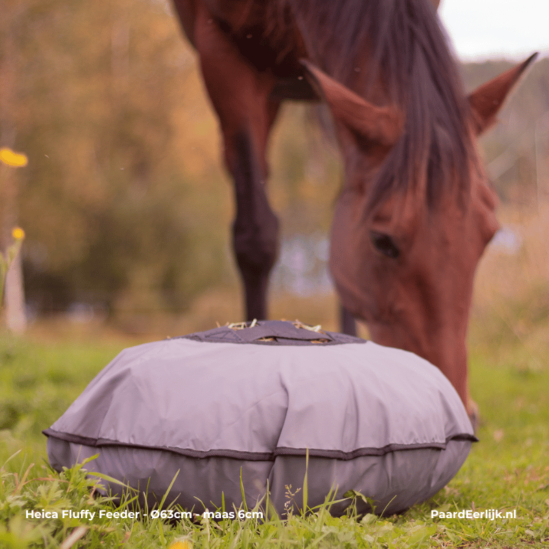 Gevulde grijze Heice Fluffy Feeder in de weide