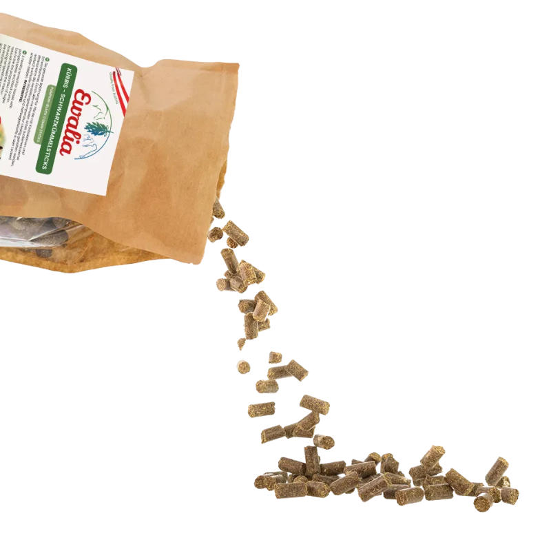 EWALIA natuurlijke paardensnoepjes – een natuurlijke, graanvrije beloning voor paarden met zwarte komijn en pompoenpitten. Laag in suiker en zonder toevoegingen.