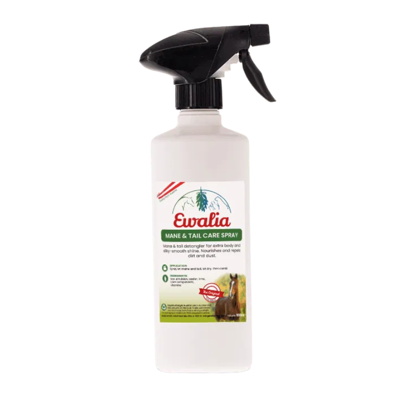EWALIA natuurlijke Manen- & Staartverzorgingsspray voor paarden geeft extra volume en glans. Voedt, ontklit en beschermt paardenhaar tegen vuil – zonder chemische toevoegingen.