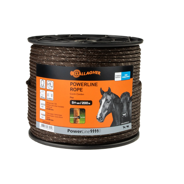 Sterk en duurzaam Gallagher PowerLine Cord schrikdraad koord op een rol van 200 meter. De beste kwaliteit schrikdraad klaar om je afrastering veilig en betrouwbaar te maken.