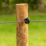 Je ziet hoe het Gallagher PowerLine koord stevig en veilig gespannen is. Perfect voor een betrouwbare schrikdraad afrastering rondom je paarden en weide.